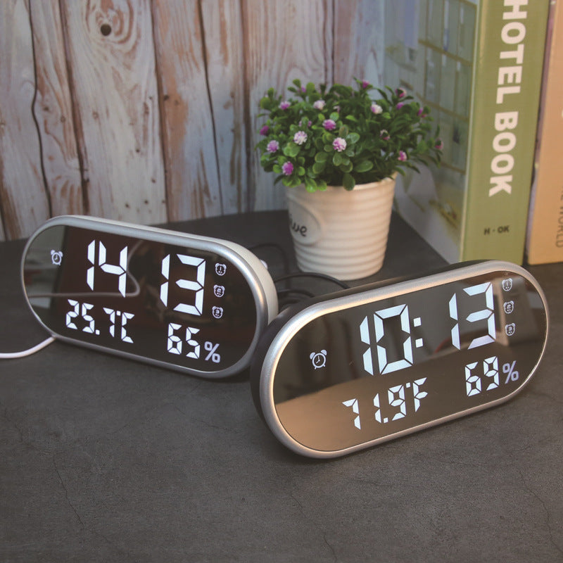 Dual USB Digital Setting Charging Temperature Moisture Meter Mirror LED Alarm Clock